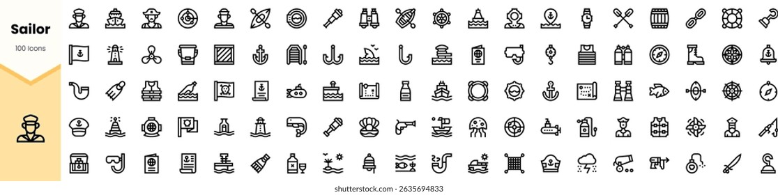 A diverse collection of sailor-themed icons featuring nautical elements, ship accessories, and marine symbols in a sleek, minimalist design.