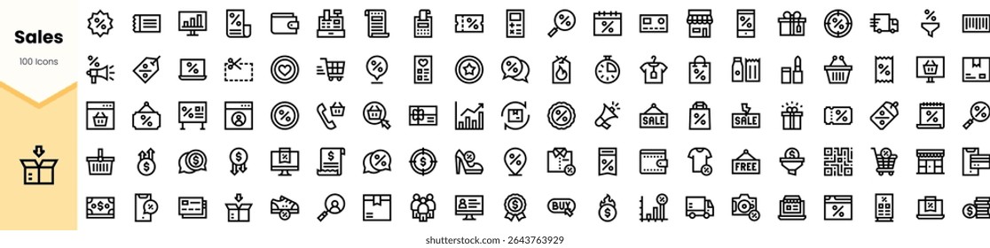 A diverse collection of sales-related icons in a minimalist black and white design. Perfect for digital marketing and e-commerce themes.