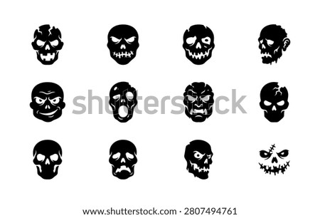 Diverse collection of scary zombie skull icons with different expressions and features including stitched mouths cracked heads and ghoulish stares. Perfect set for horror themed designs during halloween celebrations or gothic art projects. Hand drawn vector elements for digital and print use.