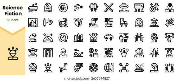 A diverse collection of science fiction icons, showcasing futuristic themes, technology, and imaginative designs in a minimalist style.