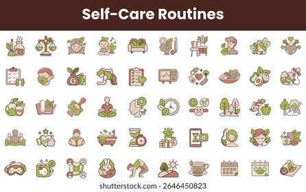 A diverse collection of self-care icons featuring activities like meditation, healthy eating, and wellness practices, showcasing balance and relaxation.