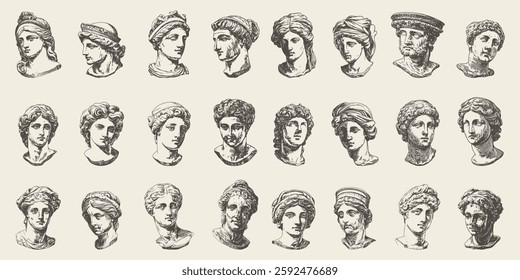 Diverse collection showcasing multiple antique sculpture heads in line art style capturing the grace and essence of art history.