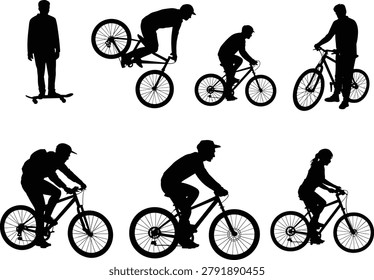 Diverse collection of silhouettes featuring cyclists performing stunts riding mountain bikes and a skateboarder for urban active lifestyle sports designs
