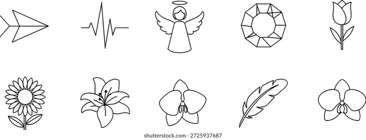 A diverse collection of simple black and white line art icons. Features a paper airplane, heartbeat line, angel, faceted gem, various flowers (tulip, sunflower, lily, orchid), and a feather. Minimalist vector art.