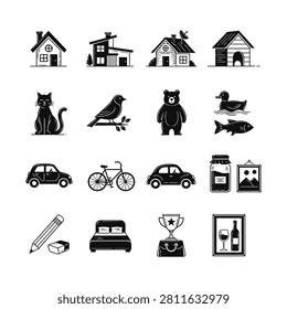 A diverse collection of simple, hand-drawn black and white icons featuring various houses, animals, vehicles, and everyday objects arranged in a grid.