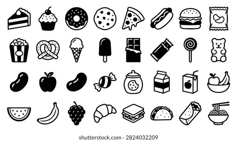 A diverse collection of simple, hand-drawn icons representing various popular food and drink items.