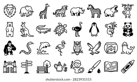 A diverse collection of simple, hand-drawn illustrations featuring various animals and icons, presented in a clean, black and white style.