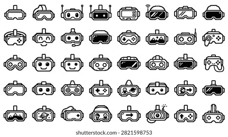 A diverse collection of simple line art icons representing various virtual reality headsets and goggles.