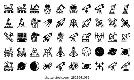 A diverse collection of simple line art icons representing space exploration, including rockets, astronauts, planets, and telescopes.