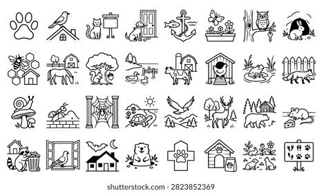 A diverse collection of simple line art icons representing various animals and nature elements.