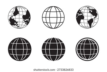 Uma coleção diversificada de seis ícones de globo monocromáticos, mostrando estilos sólidos e de contorno para representar conceitos globais de forma eficaz, ilustração vetorial plana isolada em um fundo branco.