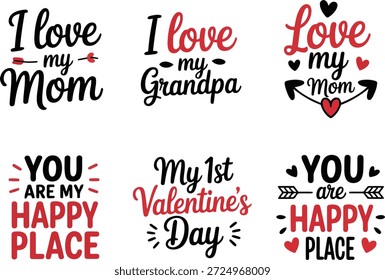 Uma coleção diversificada de seis desenhos tipográficos com mensagens amorosas para mães, avôs e comemorando o primeiro Dia dos Namorados.