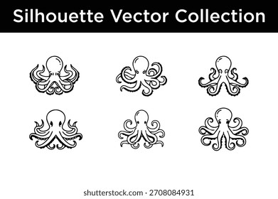 Una colección diversa de seis diseños únicos de Vector de silueta de pulpo estilizado, perfecto para proyectos creativos de temática marina.