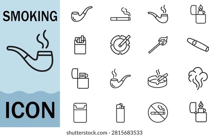 Diverse collection of smoking icons, including tobacco products, lighters, and related accessories.