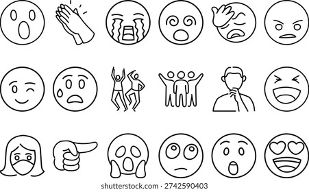 Diverse collection of social interaction and emotional expression icons rendered as simple black outline vector graphics suitable for web or digital communication interface design elements.