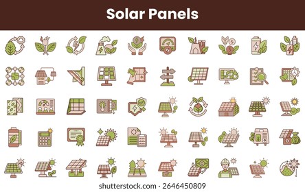 A diverse collection of solar panel icons illustrating renewable energy concepts, featuring modern designs and eco-friendly elements in soft green and earthy tones.