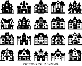 Diverse collection of spooky house and manor silhouettes isolated on transparent background. Architectural designs including classic suburban homes castles and mansions perfect for halloween party invitations cards flyers and digital scrapbooking