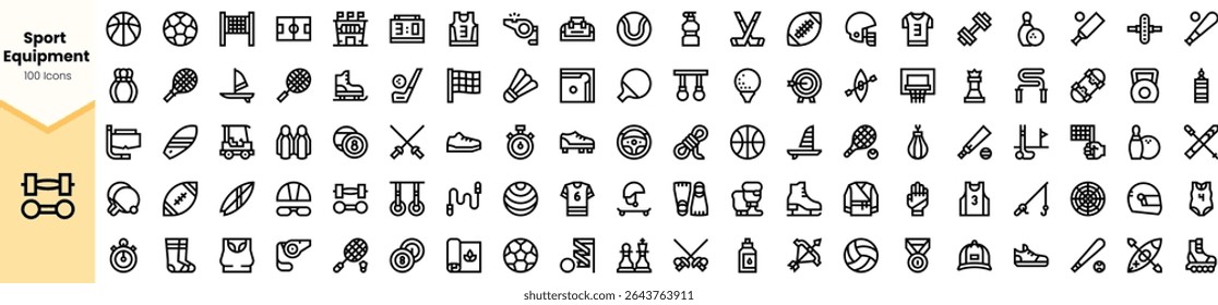 A diverse collection of sport equipment icons in a minimalist style, showcasing various sports such as basketball, football, and tennis. Perfect for design projects.