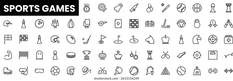 A diverse collection of sports game icons in a minimalist black-and-white design.