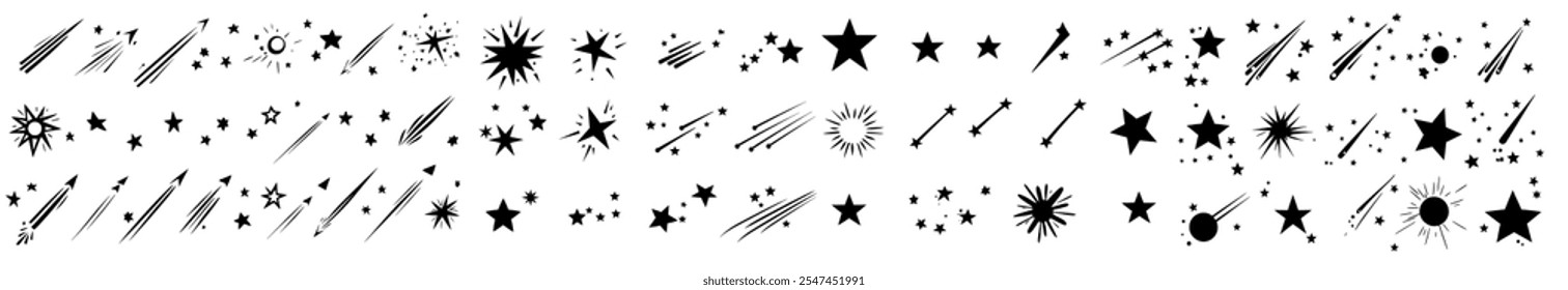 Una colección diversa de íconos de estrellas con varias Formas y estilos. Incluye estrellas negras, estrellas brillantes, estrellas fugaces y patrones decorativos de estrellas. Vector