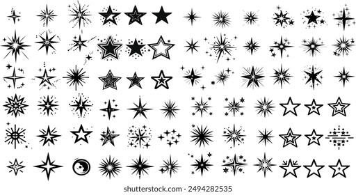 A diverse collection of star and sparkle icons in various styles and designs. These black and white vector illustrations are perfect for use in graphic design, festive projects, decorations