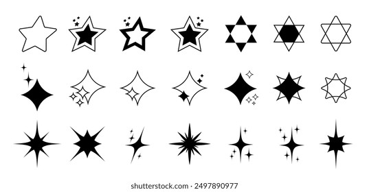 A diverse collection of star and sparkle icons, featuring different shapes and styles in black on a white background.