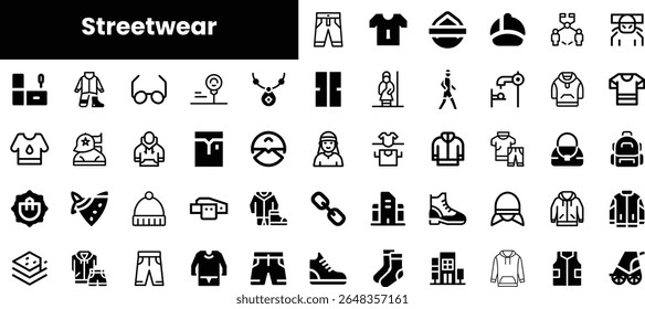 A diverse collection of streetwear icon illustrations depicting various clothing items and accessories including shirts, hats, and footwear in a modern, minimalist design.