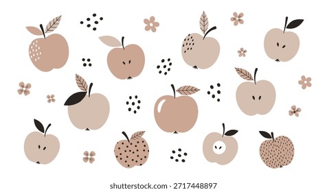 Diverse collection of stylized apple illustrations in muted earth tones featuring different patterns and sliced views.