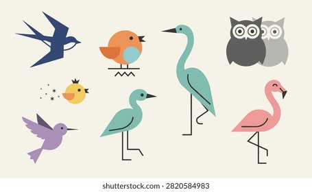 Diverse collection of stylized bird icons including flamingo swallow robin owl crane and tiny hummingbird.
