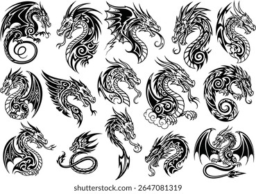 Diverse Collection of Stylized Dragon Illustrations A Black and White Tattoo Design Compilation Showcasing Mythical Creatures with Intricate Details Ideal for Fantasy Art and Creative Projects