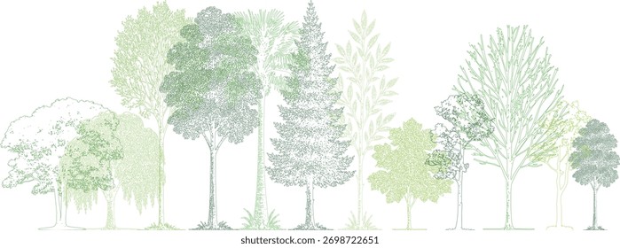 Una colección diversa de árboles verdes estilizados y follaje renderizado en un estilo de arte de línea contra un fondo blanco