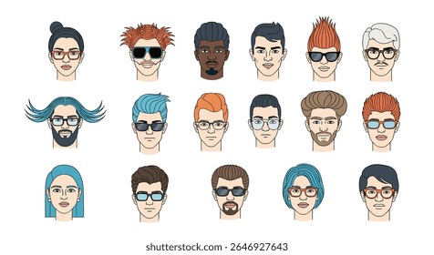 Coleção diversificada de Avatares masculinos e femininos estilizados com vários penteados e óculos mostrando tendências contemporâneas da moda