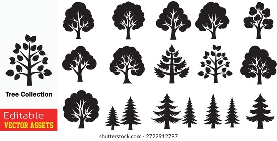 Diversa Colección de Ilustraciones de árboles de silueta estilizada con especies caducifolias y coníferas Elementos de Vector aislados

Esta colección profesional presenta una amplia variedad de siluetas de árboles, meticulosamente diseñadas para proporcionar un recurso integral para gráficos con temas de naturaleza. Aislado sobre un fondo limpio, el conjunto exhibe diversas formas botánicas, incluidos árboles caducifolios de hoja ancha con doseles redondeados en forma de nube y ramificaciones intrincadas, así como árboles perennes de coníferas como pinos y abetos con sus icónicas Formas cónicas. Desde robustos robles de corona completa hasta delgados abetos en capas y árboles jóvenes, cada silueta se representa con líneas nítidas y limpias para una máxima versatilidad. Estos recursos de Vector editables de alta calidad son perfectos para visualizaciones arquitectónicas, marcas paisajísticas, patrones con temas forestales, carteles ambientales y decoraciones de temporada como diseños de tarjetas de Navidad.

Las características clave incluyen
Variedad Botánica Integral Incluye una mezcla de árboles caducifolios (madera dura) y coníferas (siempre verdes) en varias etapas de crecimiento y Formas.

Natural Artistic Textures Presenta una gama de estilos de dosel, desde follaje denso y texturizado hasta estructuras ramificadas escasas y elegantes.

Ideal para representar la naturaleza, el crecimiento, el medio ambiente y los cambios estacionales (invierno, verano, otoño).

Calidad del Vector de Profesional Archivo EPS totalmente escalable y editable, lo que permite una fácil personalización del tamaño, la  y el color sin pérdida de detalle.