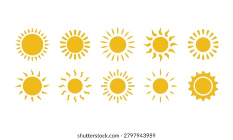 Diverse collection of sun icons featuring various designs, all rendered in bright yellow and isolated on a clean white background.