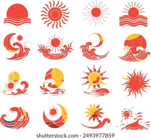 A diverse collection of sun and wave icons in various styles and colors. The icons depict suns with different designs, including abstract, stylized, and illustrative variations, often combined