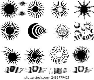 A diverse collection of sun and wave icons in various styles and colors. The icons depict suns with different designs, including abstract, stylized, and illustrative variations, often design