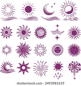 A diverse collection of sun and wave icons in various styles and colors. The icons depict suns with different designs, including abstract