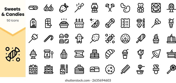 A diverse collection of sweets and candies icons, featuring chocolate bars, lollipops, and various desserts, all in a sleek, minimalist design.
