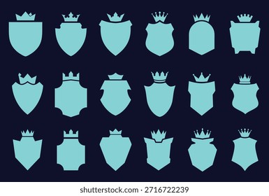 Diversa colección de siluetas de escudo verde azulado y emblema de la corona, perfecto para el diseño heráldico