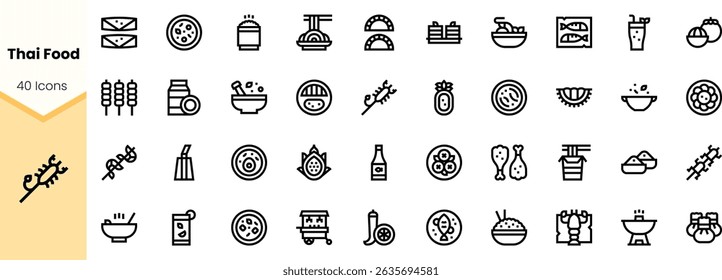 A diverse collection of Thai food icons, featuring dishes, drinks, and utensils in a minimalist design, perfect for culinary apps and menus.