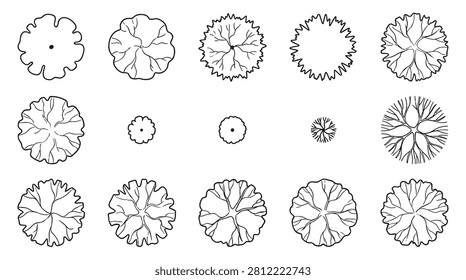 Diverse collection of top view tree outlines. Versatile set for architectural drawings, landscape architecture, and urban planning. Ideal for site plans, garden designs, and conceptual layouts. Showcases an array of tree forms and foliage patterns.