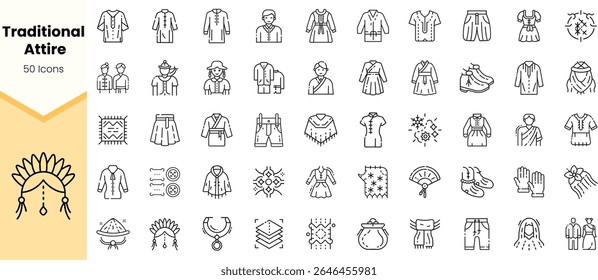 Uma coleção diversificada de ícones de trajes tradicionais que representam várias culturas, apresentando desenhos intrincados e estilos vibrantes em um design monocromático minimalista.