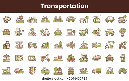 A diverse collection of transportation icons in a simple, modern design featuring vehicles like cars, bikes, and planes, set against a muted color palette.