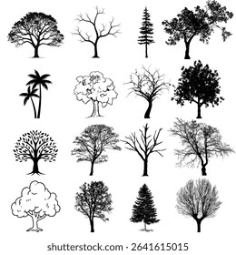 A diverse collection of tree illustrations in black and white, showcasing various species, forms, and artistic styles ranging from realistic silhouettes to abstract and stylized renderings.