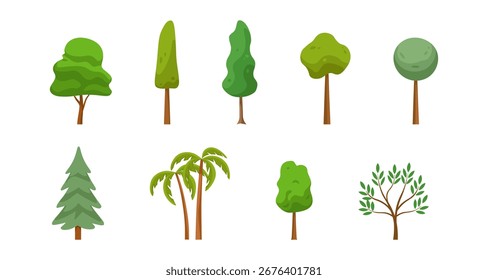 Diverse collection of trees in flat design style for nature projects