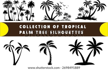 A diverse collection of tropical palm tree silhouettes. Perfect for summer, vacation, island, beach, and travel-themed designs, posters, and web graphics. Iconic imagery.