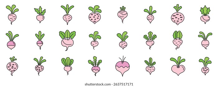 Diverse collection of turnip icons, showcasing various styles and visual representations of this root vegetable