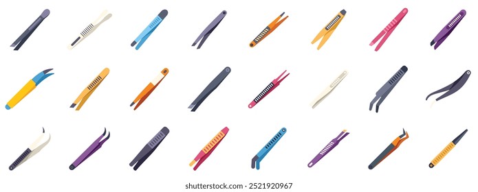 Diverse collection of tweezers icons, showcasing various designs, colors, and functionalities for precise tasks