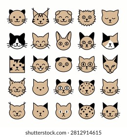 Diverse collection of twenty five stylized cat head vector icons featuring varied expressions and breeds for modern graphic design projects