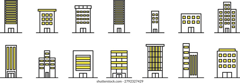 Diverse collection of unique vector icons of modern city buildings and office towers. Perfect for urban architecture, business, and cityscape design.